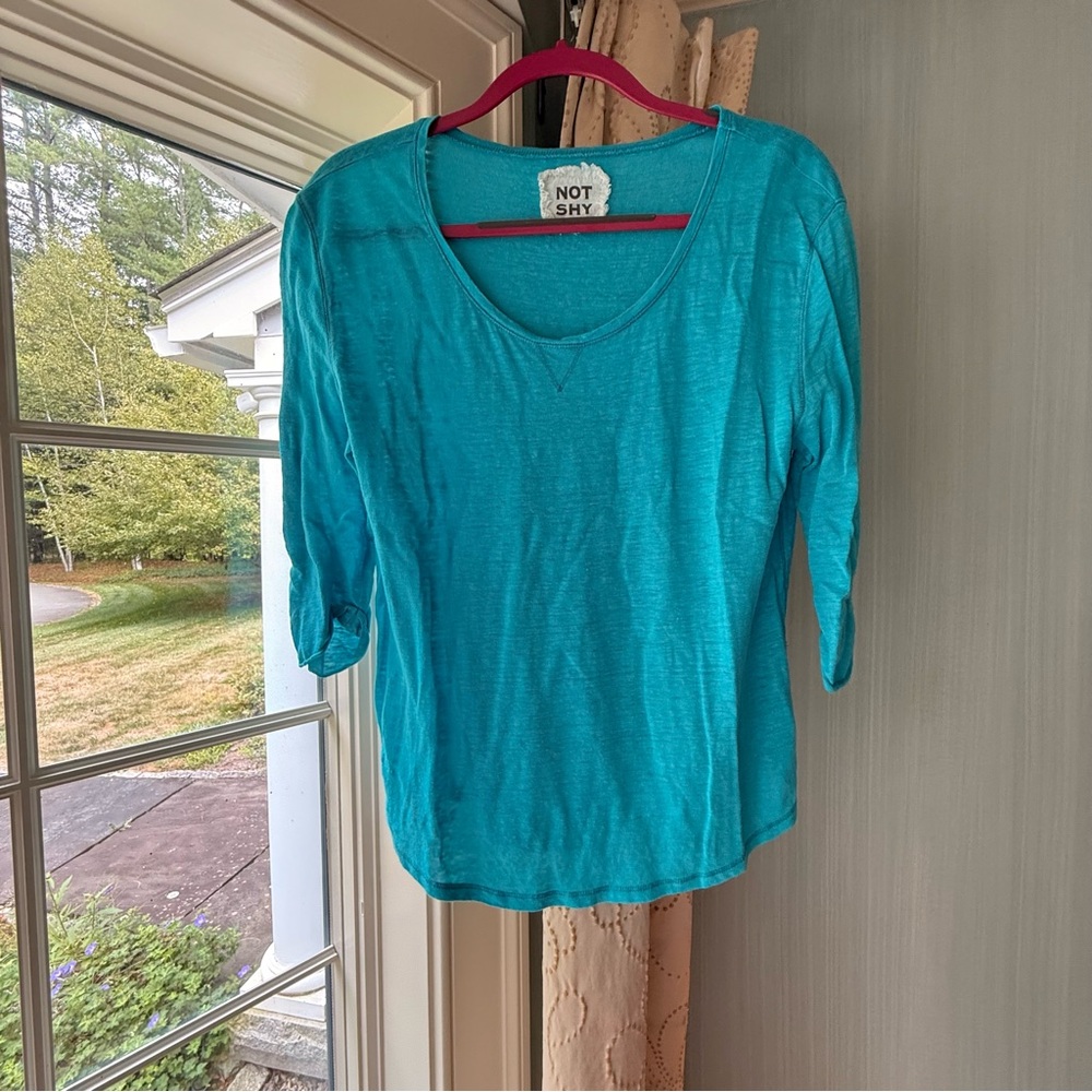 Not Shy Cotton Women's Aqua Blue 3/4 Length Sleeve Lightweight Casual Tee